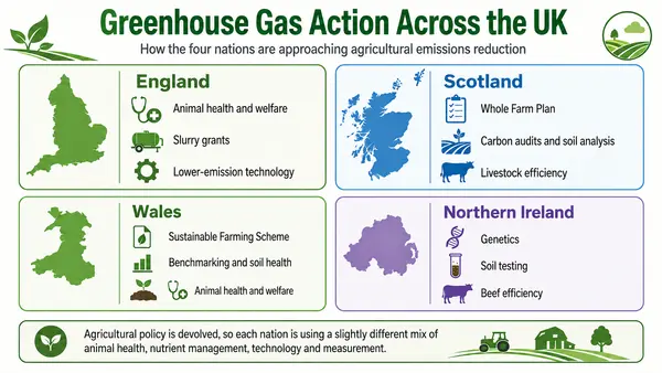 Infographic showing how the four UK nations are approaching agricultural emissions reduction: England through animal health, slurry grants and lower-emission technology; Scotland through the Whole Farm Plan, carbon audits, soil analysis and livestock efficiency; Wales through the Sustainable Farming Scheme, benchmarking, soil health and animal health; and Northern Ireland through genetics, soil testing and beef efficiency.
