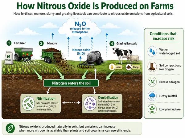 Diagram showing how fertiliser, manure, slurry and grazing livestock can contribute to nitrous oxide emissions from agricultural soils