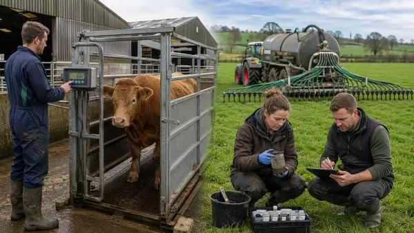 Livestock farmers weighing cattle, testing nutrients and using accurate slurry application equipment